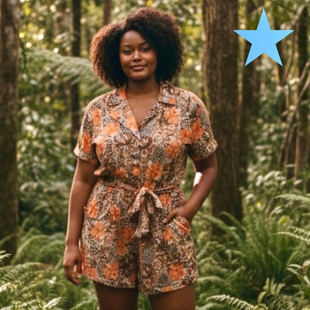 Lita by Ciara Satin Romper Brown Orange Animal & Floral 1X XL 14 16 NEW